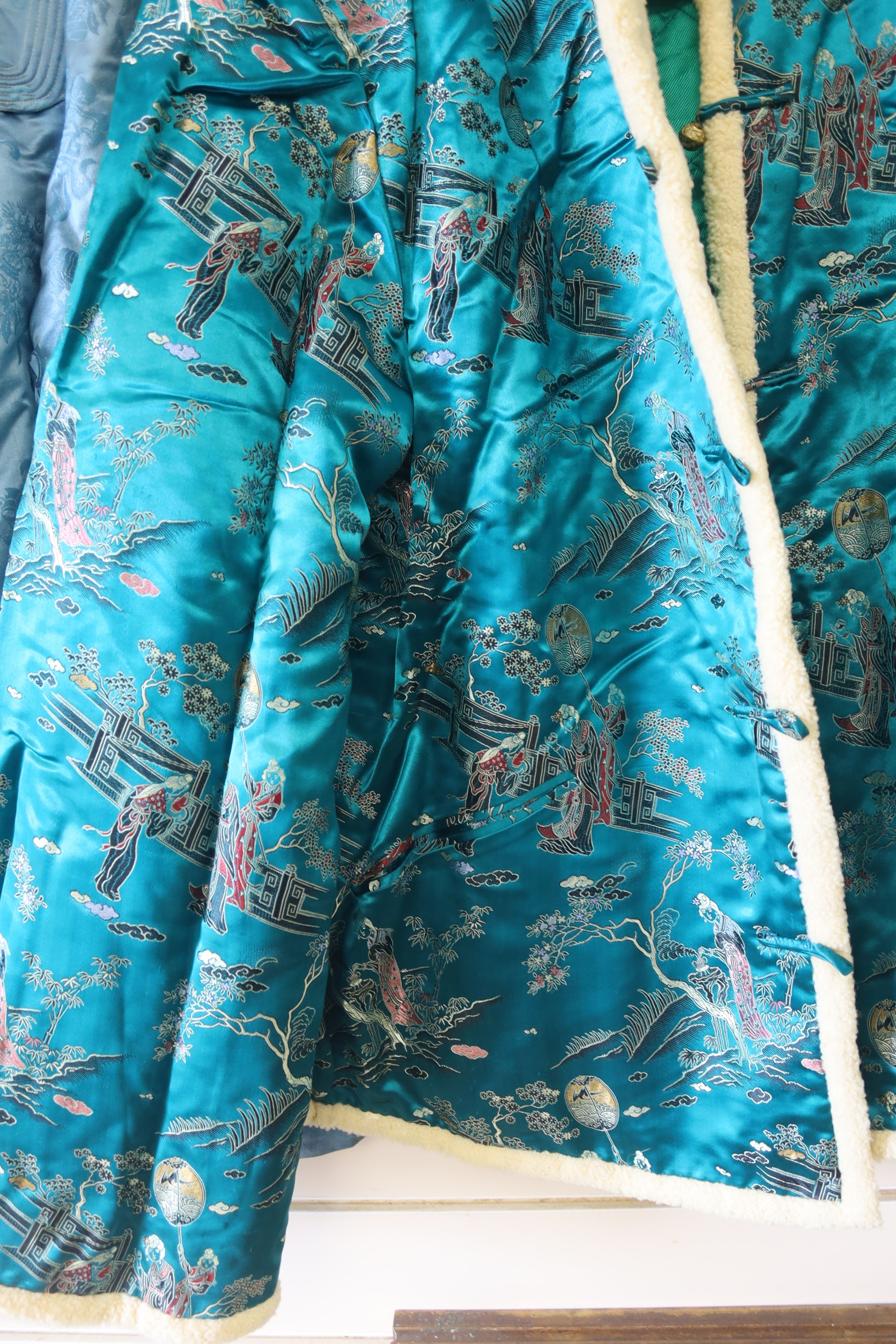 A Chinese turquoise silk damask Chinese robe / jacket, length 67cm, and a later 1940's coloured brocade jacket